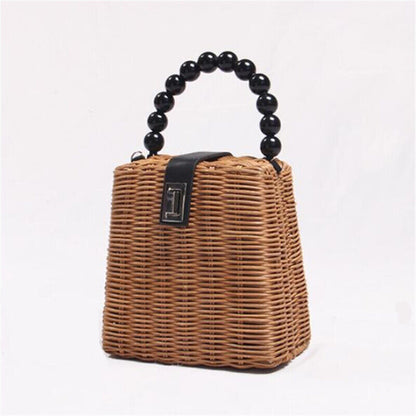 Summer New Straw Rattan Bag for Women Beaded Handle Seaside Beach Crossbody Bag
