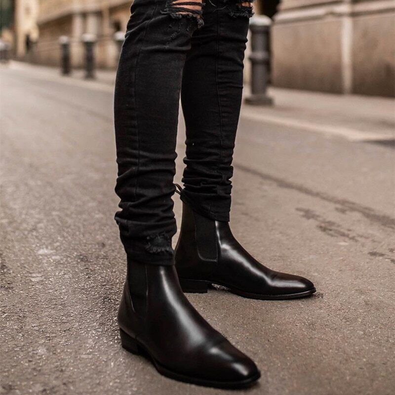 Boots Men Black Low-heeled Business Slip-on Shoes Men Mens Ankle Boots