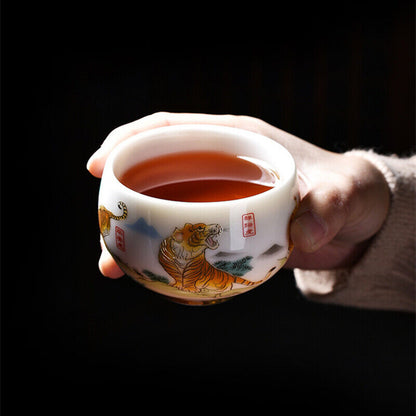 3.38" Mutton Jade Porcelain Tea Cup Mascot Tiger Print Under Glaze Master Cup