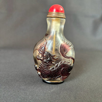 Vintage Chinese Carved Peking Glass Snuff Bottle Clean Dragon Figurines Loong