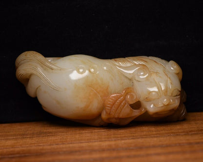 Chinese Old Beijing Natural Hetian Jade Carved Nice Beast Statue Figurines Art