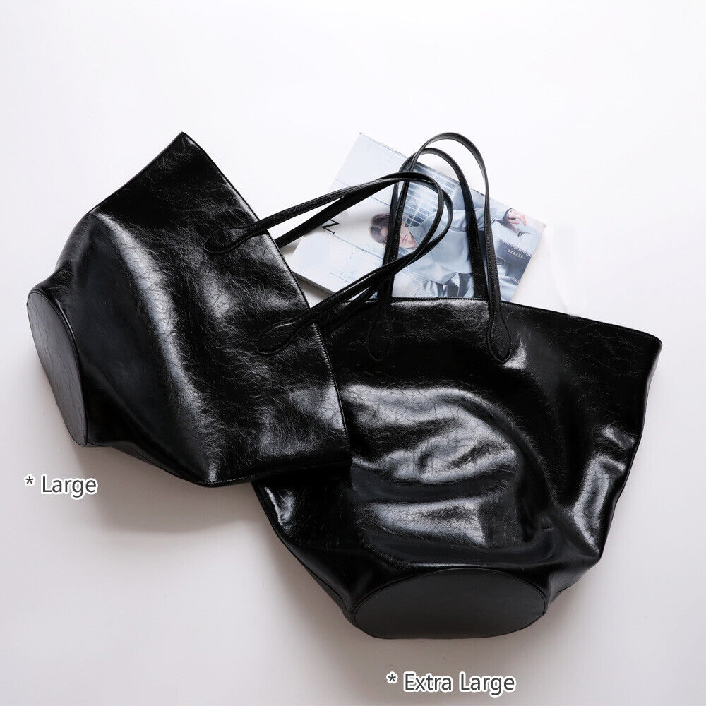 Large Shiny Soft Real Leather Waxed Tote Handbag Purse Shoulder Bag Shopper