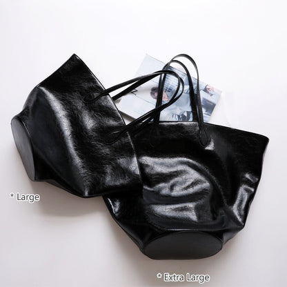 Large Shiny Soft Real Leather Waxed Tote Handbag Purse Shoulder Bag Shopper