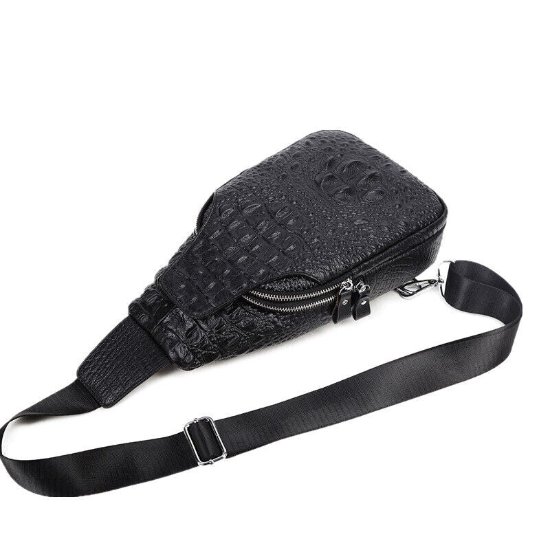 Men's Sling Backpack, 100% Genuine Leather Crocodile Crossbody Chest Bag Daypack