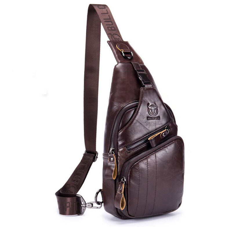 100% Cowhide Leather Crossbody Bag Chest Bag Hiking Sling Backpack Shoulder Bag