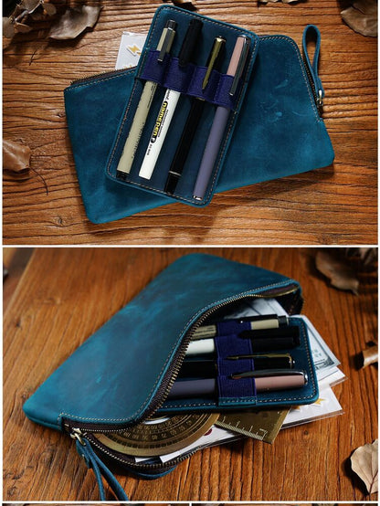 Handmade Cowhide Leather Pen/Pencil Case, Larege Capacity Stationery Storage Bag
