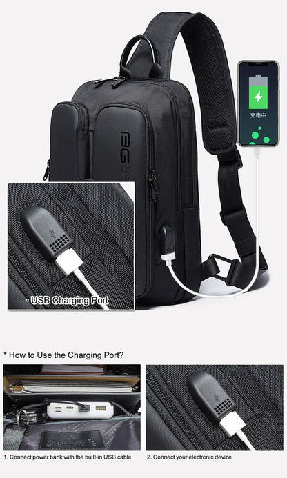 USB Charging Port Water Resistant Nylon Sling bag Chest Pack Backpack Business
