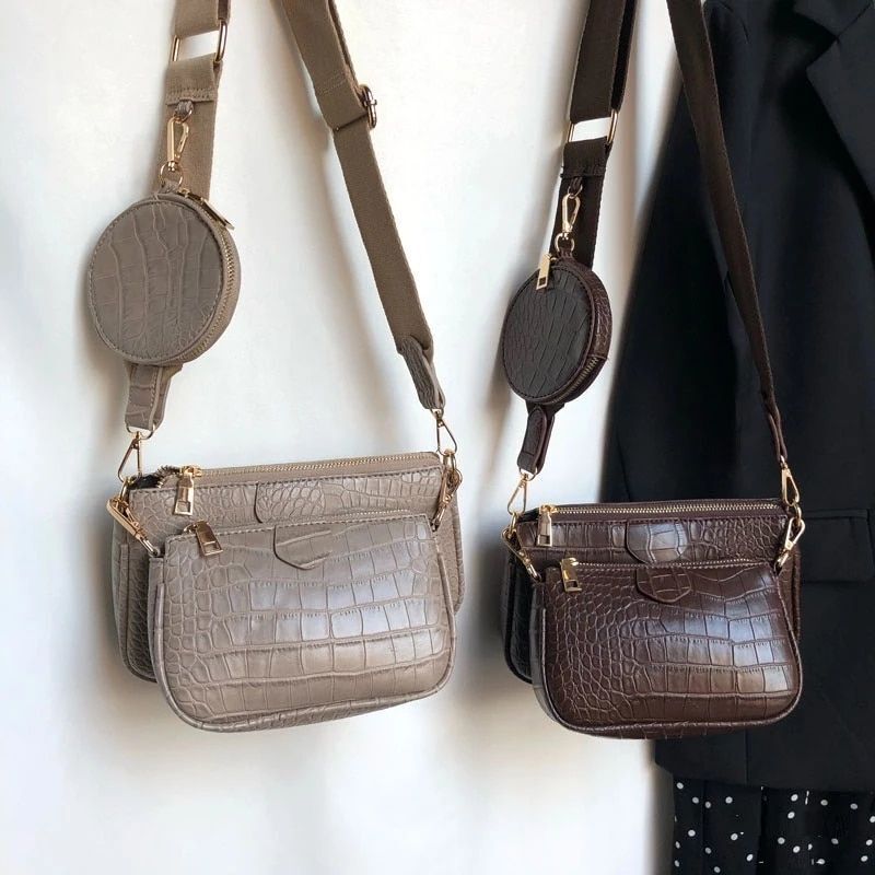 Vintage Shoulder Bag Wide Strap Crocodile Print Crossbody Bag 120CMChain Leather