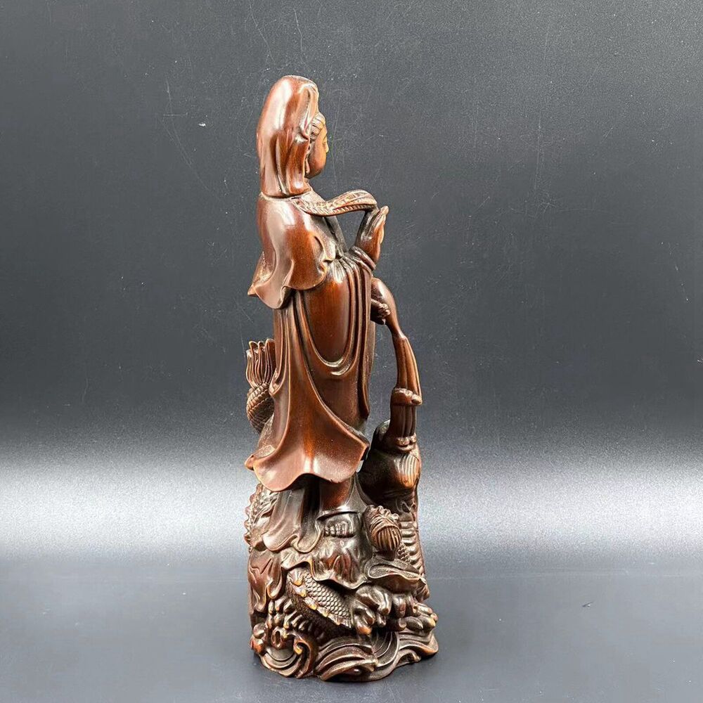 Collection China Boxwood Carving Dragon Kuan Yin Statue Sculpture Decoration Art