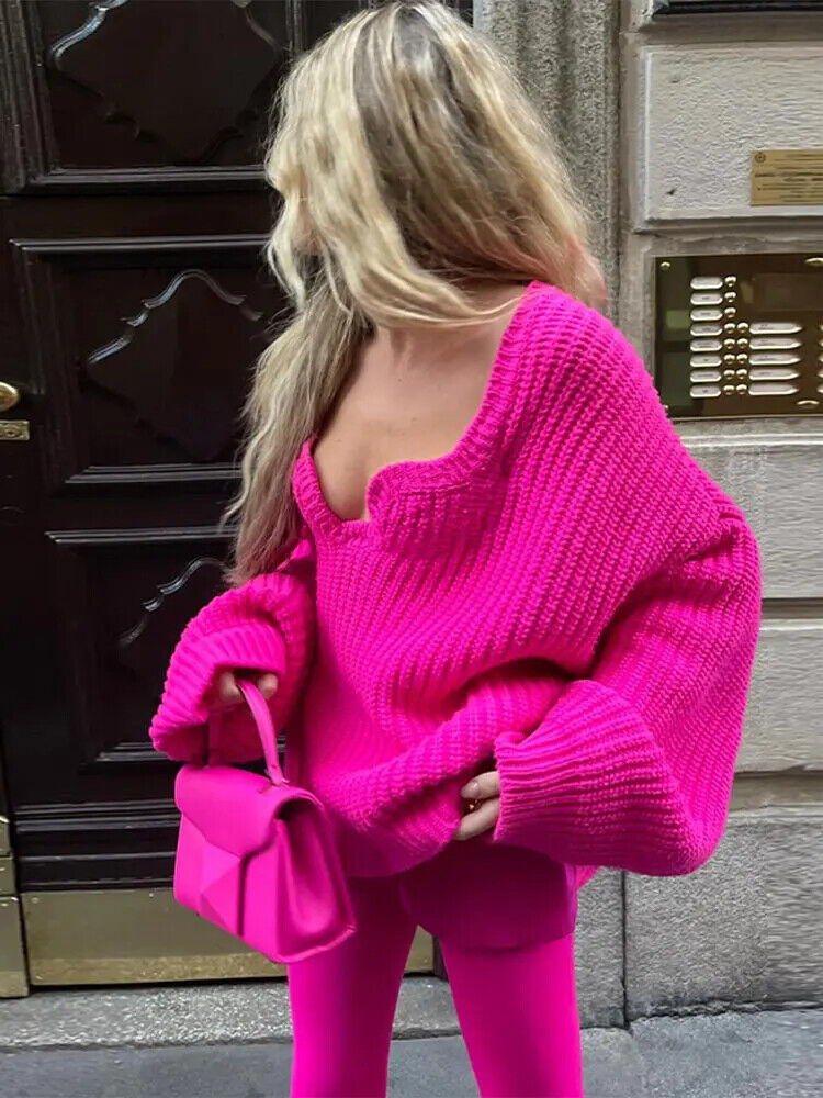 Ribbed Rose Red Sweater Women Deep Square Neck Knittedb Pullover Tops Jumper