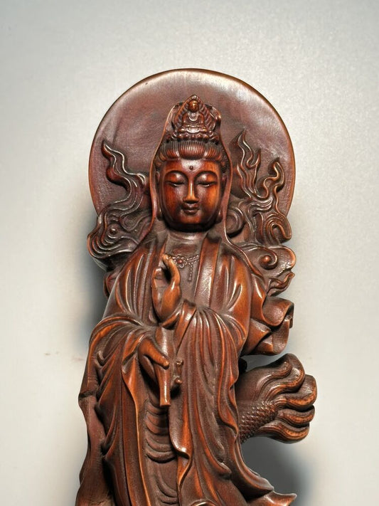 Vintage Chinese Antique Wooden Carving Dragon Kwan Yin Statue Wood Buddha Decor