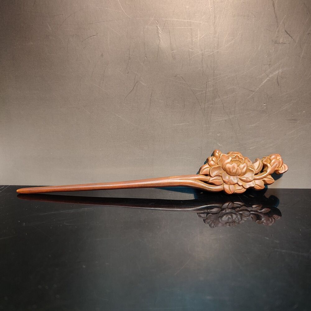 Chinese Boxwood Wooden Carved Peony flower Hairpin Hair Accessories gift woman