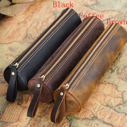 Handmade Cowhide Leather Pen Pouch Zipper Pencil Case Stationery Storage Pen Bag