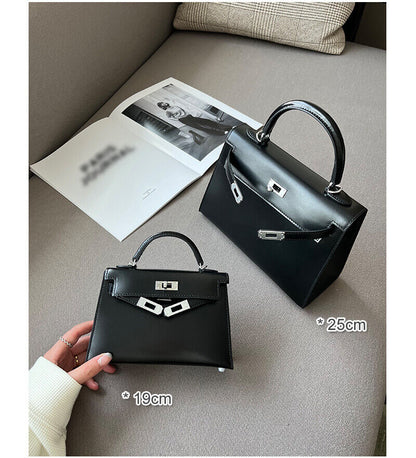 19/25 Trapezoid Glossy Real Leather Flap Tote Handbag Shoulder Bag Purse Fashion