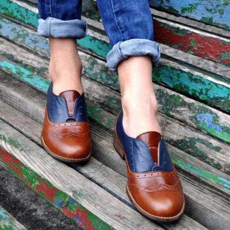 Womens Brogues Wingtip Round Toe Slip On Low Heel Dress Retro Oxfords Shoes
