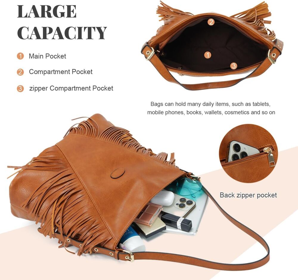 Vintage Fringe Shoulder Bags for Women Tassle Hobo Large Crossbody Purse Gift