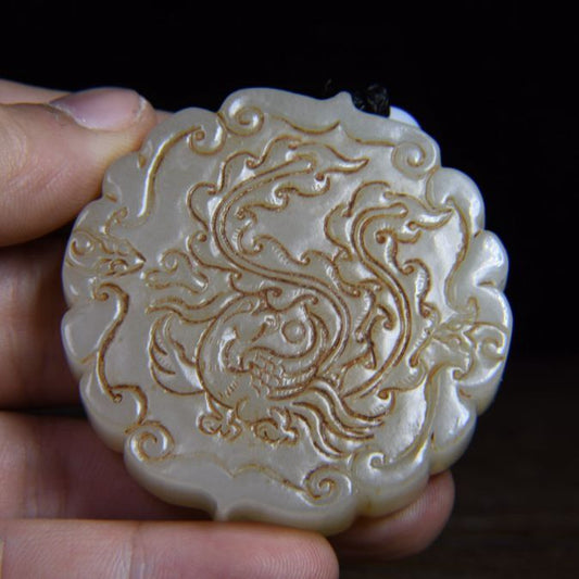 Chinese Natural Hetian Jade Carved Dragon Phoenix Statue Lucky Pendants Jewelry