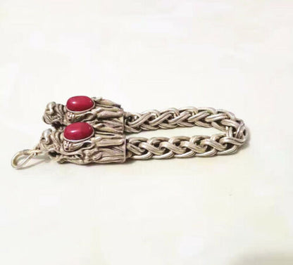 Collectible Ruby Tibet Silver Bangle Handwork Auspicious Dragon Bracelet
