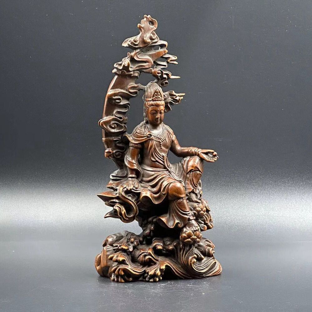Chinese Boxwood Carving Kwan Yin Statue Woodwork Sculptures Home Decor Artwork
