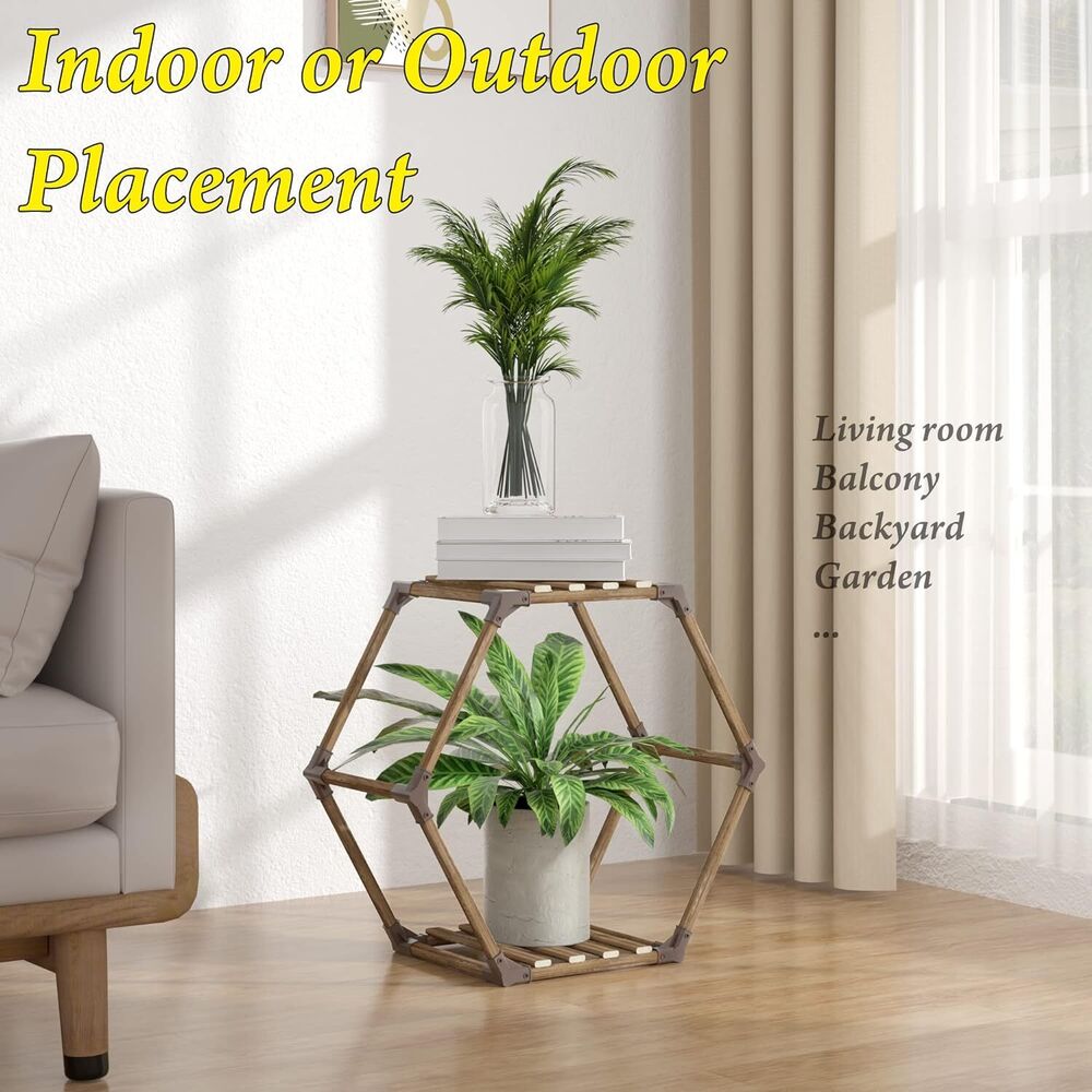 Wooden Hexagonal Plant Stand Rack Indoor Outdoor Creative Flowers Decor 2 Tiered