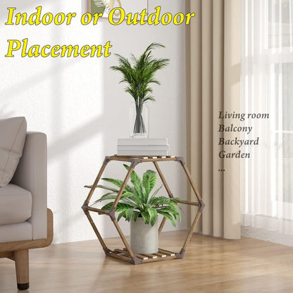 Wooden Hexagonal Plant Stand Rack Indoor Outdoor Creative Flowers Decor 2 Tiered