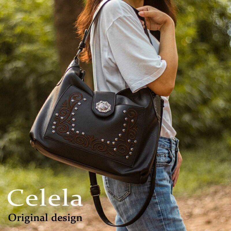 Celela Designer Handbag Women Handbag Bags Embroidered Pattern Studs Hobo Purse