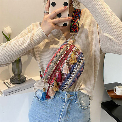 Weave Crossbody Bags Female Tassel Waist Bag Retro Leather Shoulder Packs