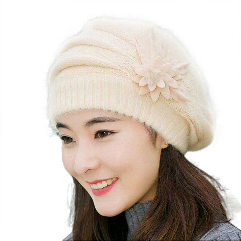 Women Winter Warm Baggy Beanie Beret Knit Flower Crochet Hat Casual Cap Gifts
