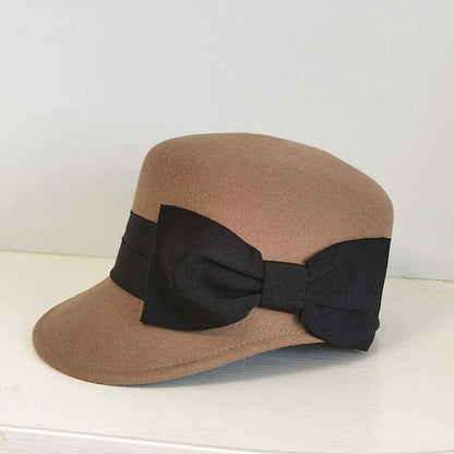 Women Military Caps Winter Wool Fashion Warm Hat W/ Visor Big Bow Snow Ski Beret