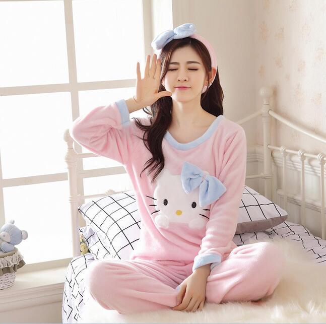 Cute For Hello Kitty Soft Winter Warm Womens Sleepwear Pajamas Set c/w Hairband