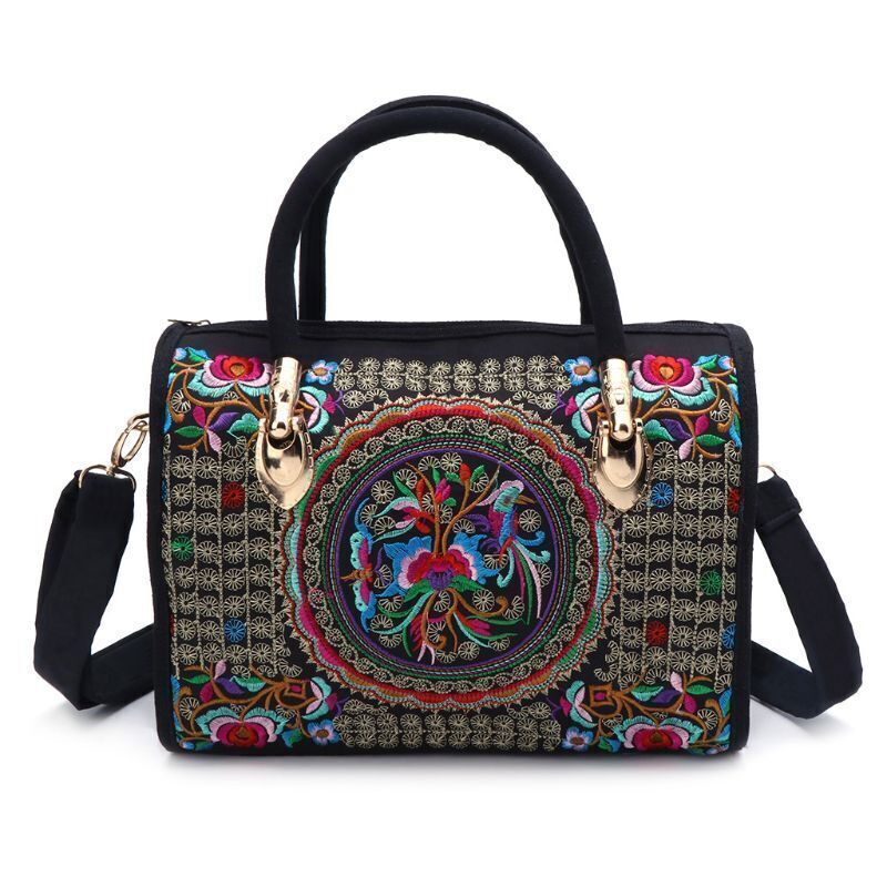 Women Floral Embroidered Handbag Ethnic Boho Canvas Tote Zipper Bag