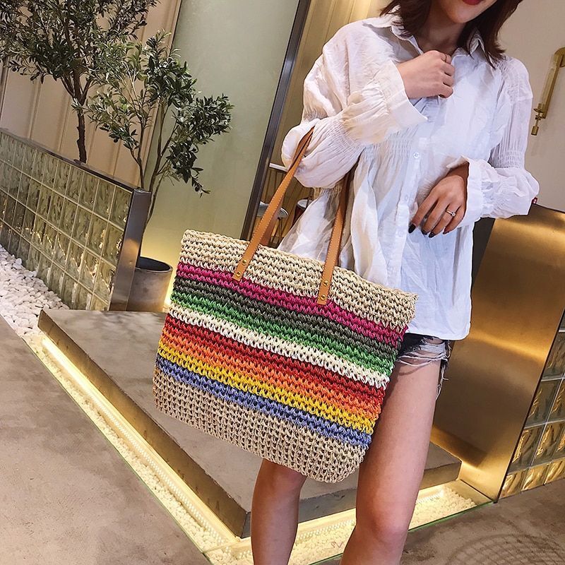 Rainbow Color Handbag Beach Bag Woven Handmade Knitted Straw Tote Shoulder Bags