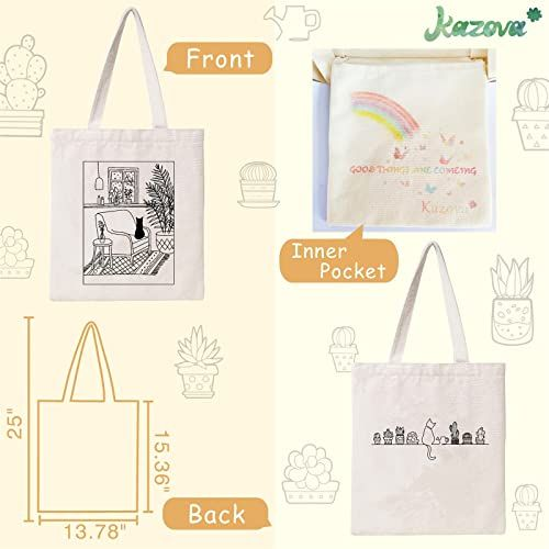 Kazova Cute Cat Cotton Canvas Tote Bag Minimalist Cactus Large, Art