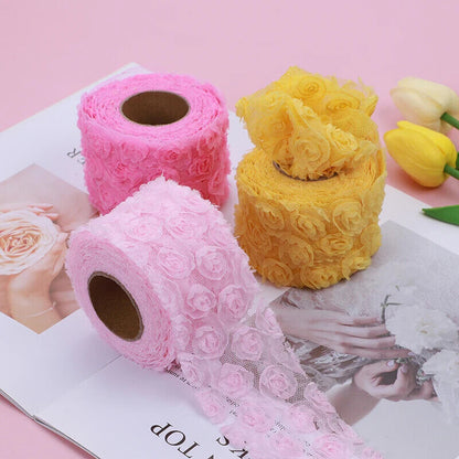 Party Decoration 5Yards DIY Rose Lace Fabric 3D Chiffon Flower Embroidered Decor