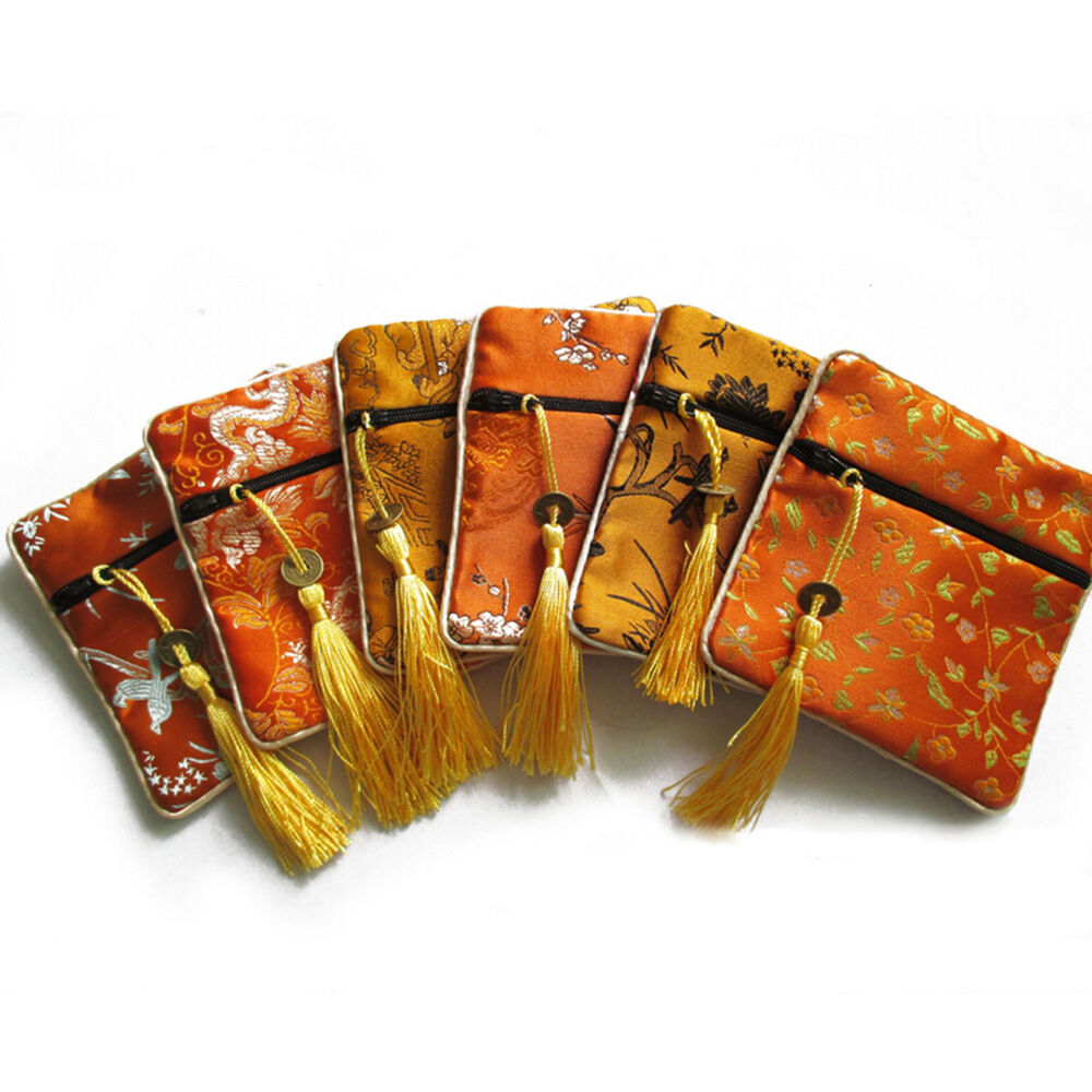 10PCS Mix Colors Chinese Zipper Coin Tassel Silk Square Jewelry Bags Pouch-ca