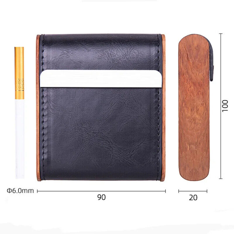 Cigarette Cases Solid Wood Leather Cigar Tobacco Holders Pocket Storage 9x10x2cm