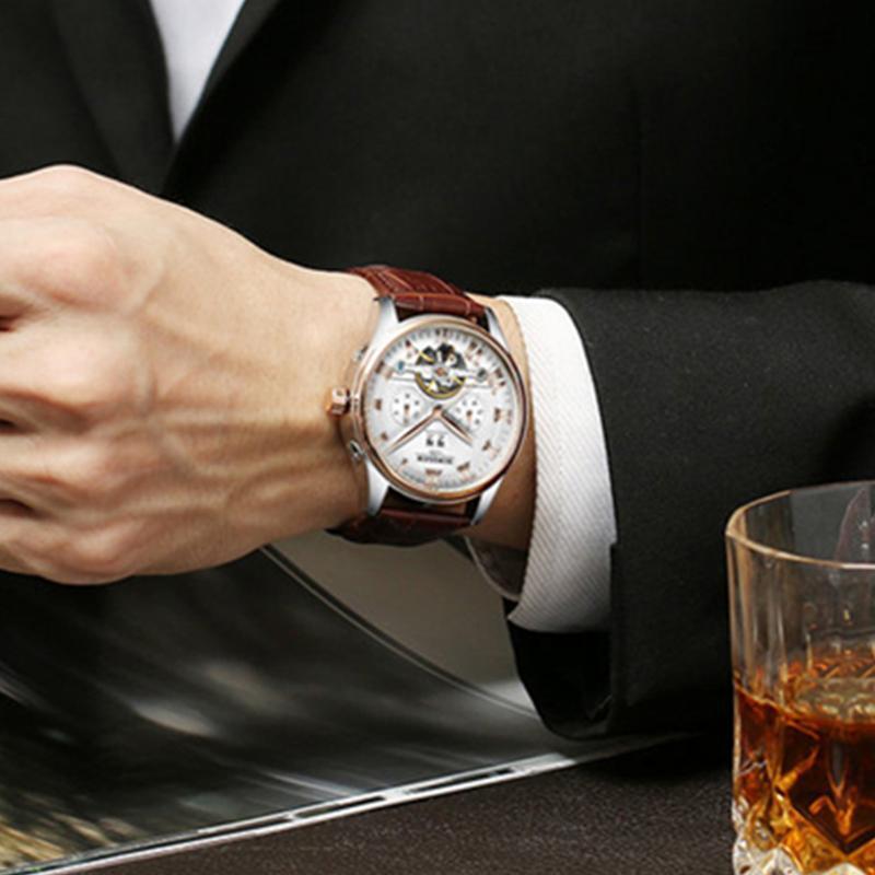 Mens Automatic Mechanical Watch Date Day Rose Gold Black Dial Brown Leather Best