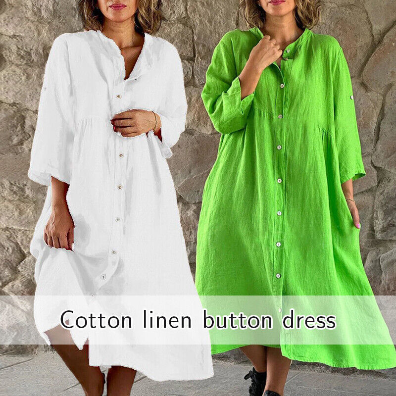 Womens Cotton Linen Shirt Dress Loose Button Up Casual Baggy Long Tops Tunic
