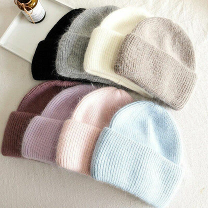 Winter Rabbit Fur Knitted Hat Solid Warm Wool Thick Beanie Bonnet White Red Gray