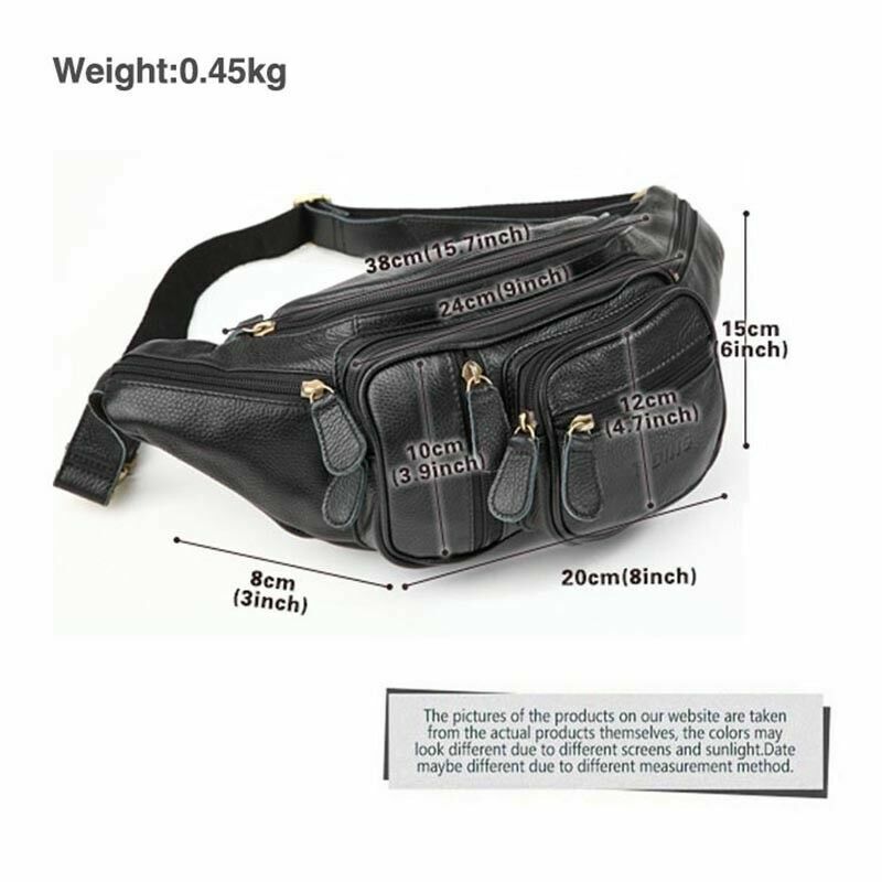 Cross-body Bag Cowhide Leather Black Fanny Pack Durable Men waist Bag Running