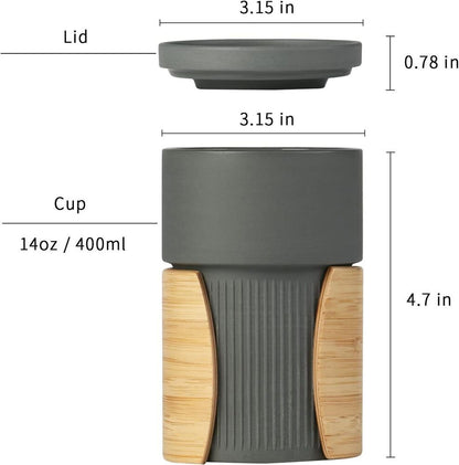 Ceramic Coffee Mug Cup with Lid and Insulated Bamboo Handle for Home and Office