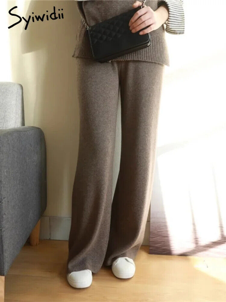 Women Pants Autumn Winter Wide Leg Pants Casual Drawstring Straight Wool Pants