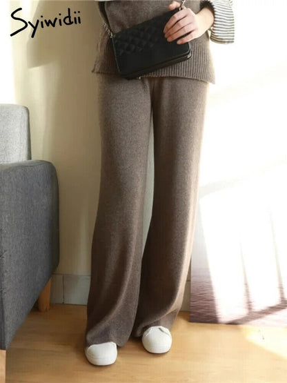 Women Pants Autumn Winter Wide Leg Pants Casual Drawstring Straight Wool Pants