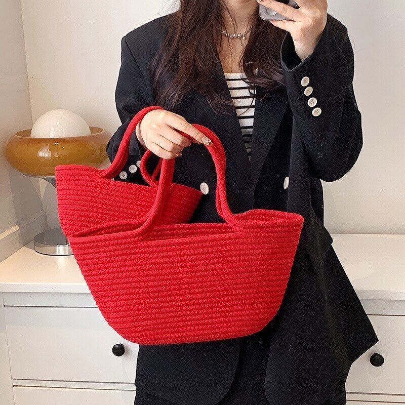 Straw Bag Women Cotton Rope Handbags Girls Open Weave Beach Totes Bags