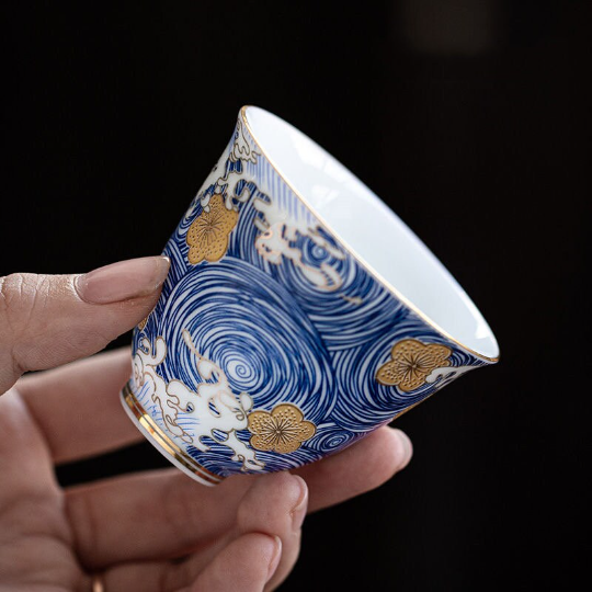 Ceramic Tea Cup Blue Gold Flower Set of 6 Chinese Kung Fu Tea Cups