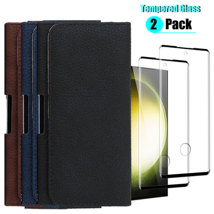 Leather Belt Loop Clip Case Cover /Tempered Glass For Galaxy S23 Ultra/S23+ 5G