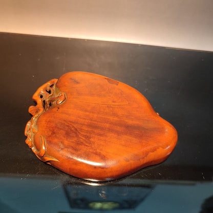 Old Beijing Boxwood Carved Flower Statue Writing-Brush Washer Cleaner Bat Gift