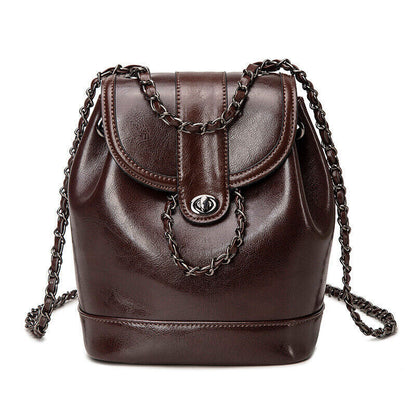 Genuine Leather Women's Drawstring Backpack, Travel Rucksack Chain Shoulder Bags