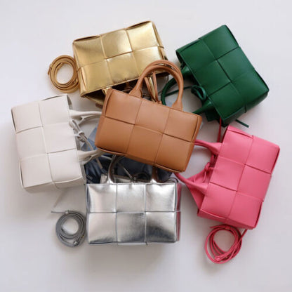 Small Mini Woven Real Leather Double Handles Tote Bag Purse Handbag Crossbody