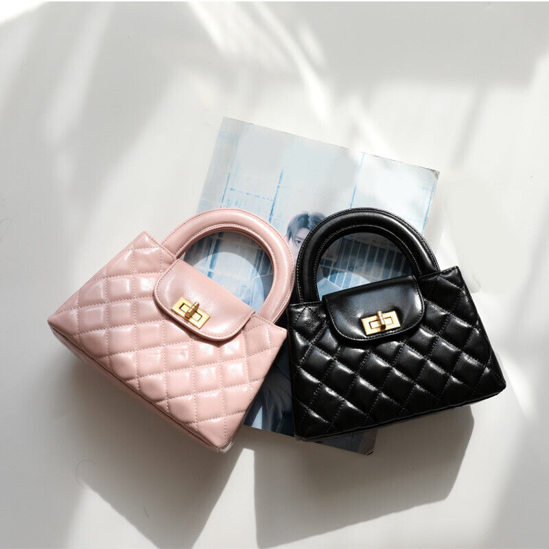 Small Quilted Real Leather Tote Flap Purse Clutch Shoulder Bag w/ Chain Fashion